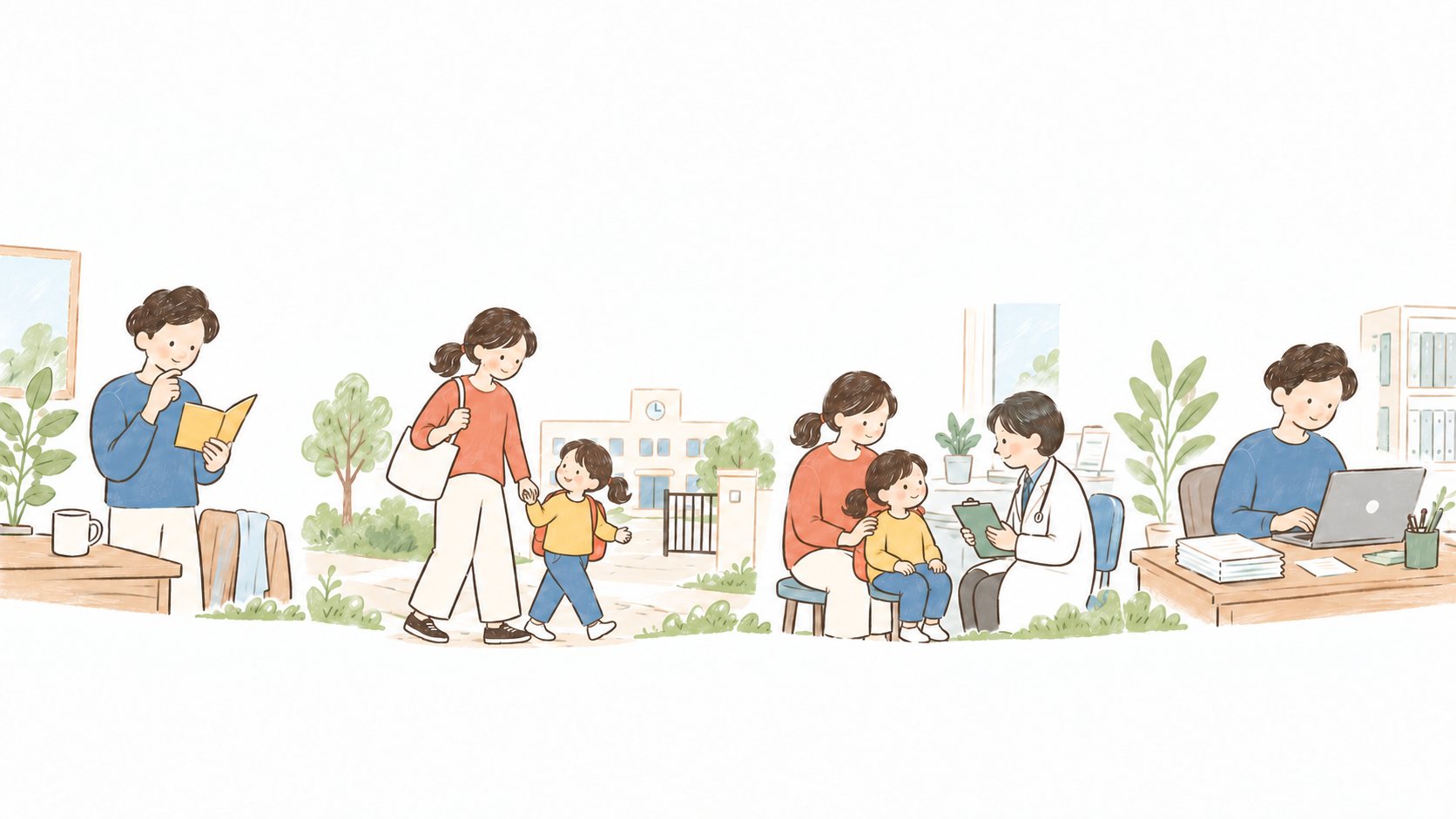 心臓病のある成人が情報を調べ、親子が登校、受診、制度の相談をしながら暮らす場面のイラスト