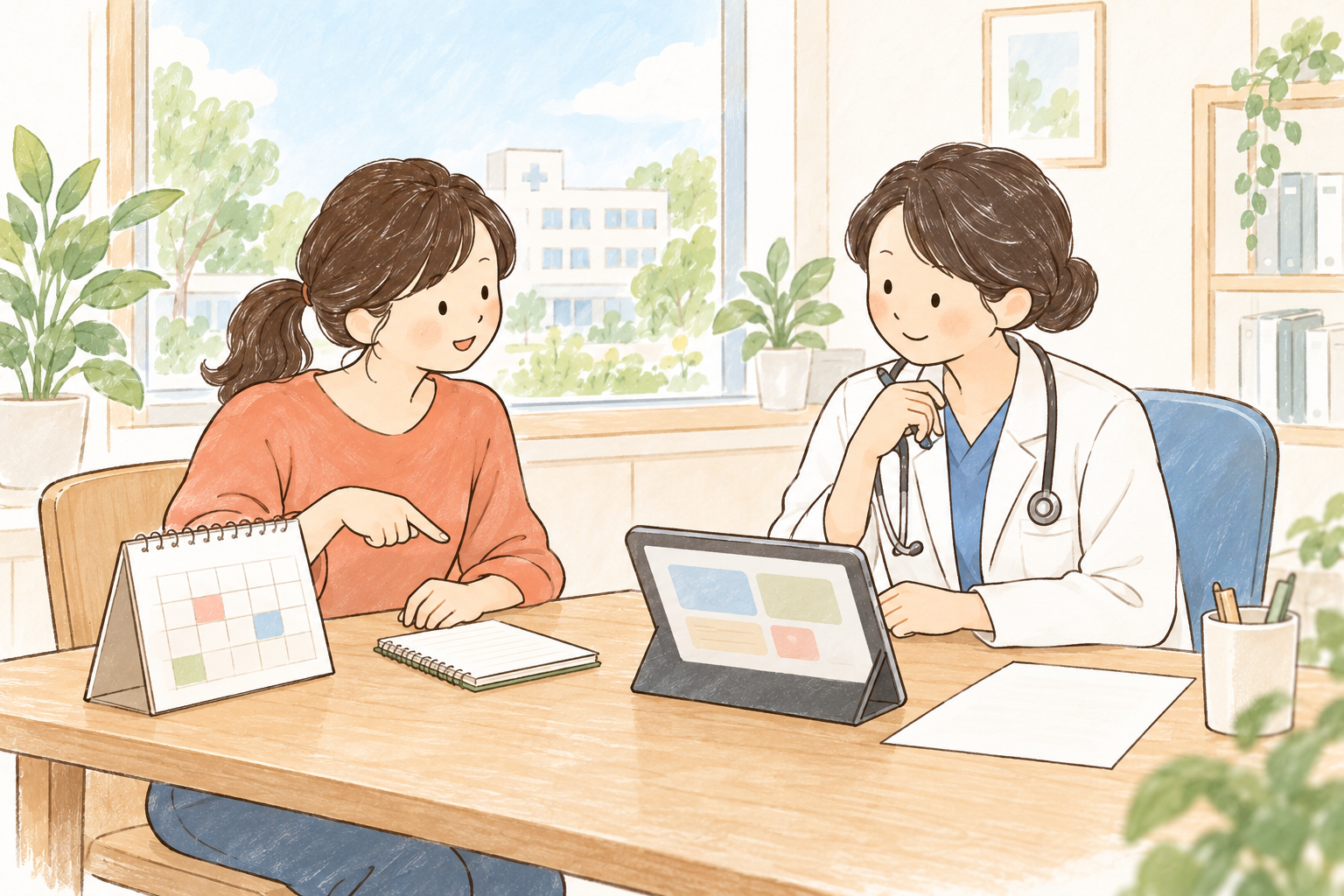 本人が医師と資料や予定表を見ながら成人期の通院先を相談する場面