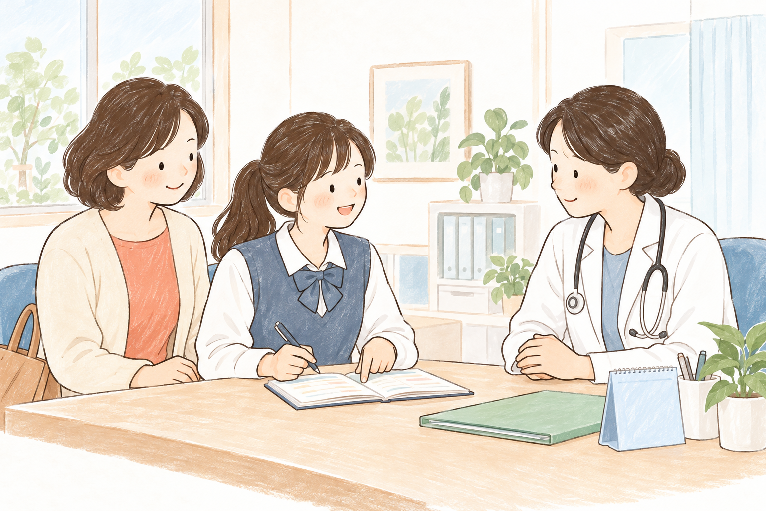 本人が家族と一緒に健康メモを見ながら医師に質問する場面